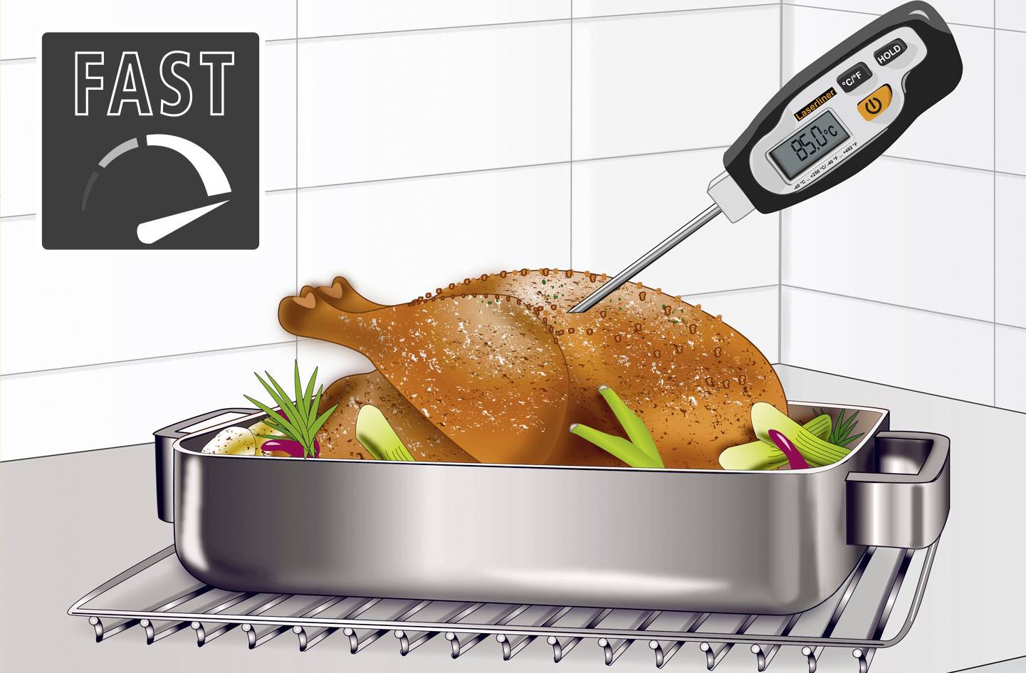 A roasted turkey in a metal roasting tray in the oven is being measured with a digital thermometer showing 85°C.
