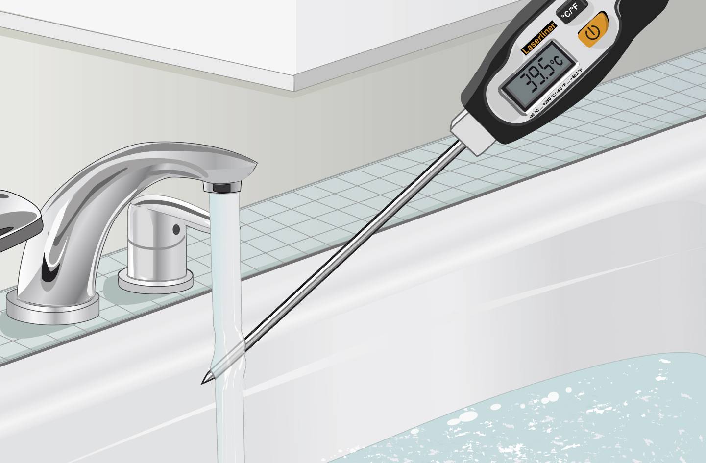 A digital thermometer measures the water temperature in the sink under running water. The display shows 39.5°C.