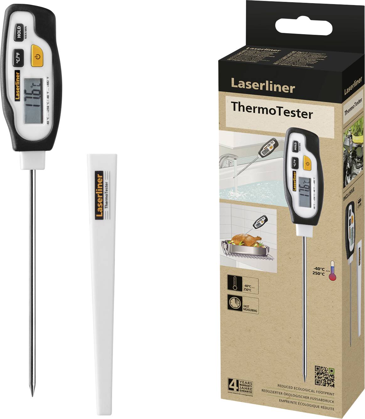 Digital Thermometer 'ThermoTester' with packaging, displays temperature from -40°C to 230°C, suitable for liquids and foodstuffs.