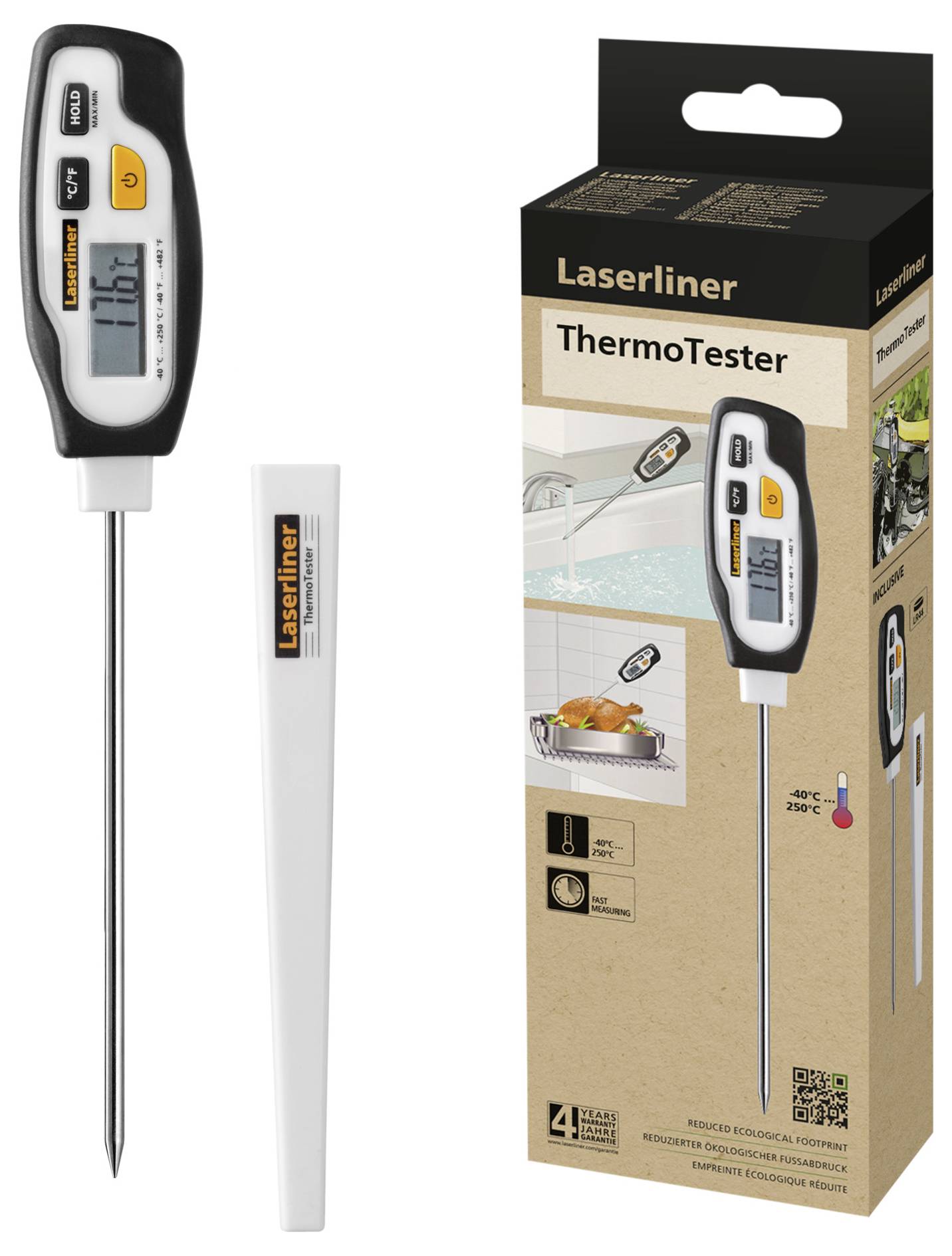 Packaging and digital thermometer with long probe. Suitable for liquids and foods, temperature range -40°C to 250°C.