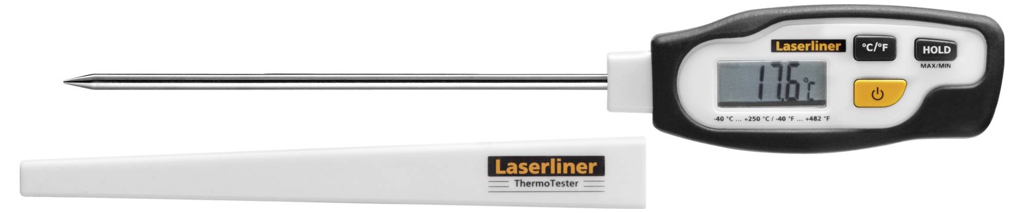 Digital thermometer by Laserliner with metal probe, displaying a temperature of 176.2 degrees. Suitable for cooking or laboratory use.
