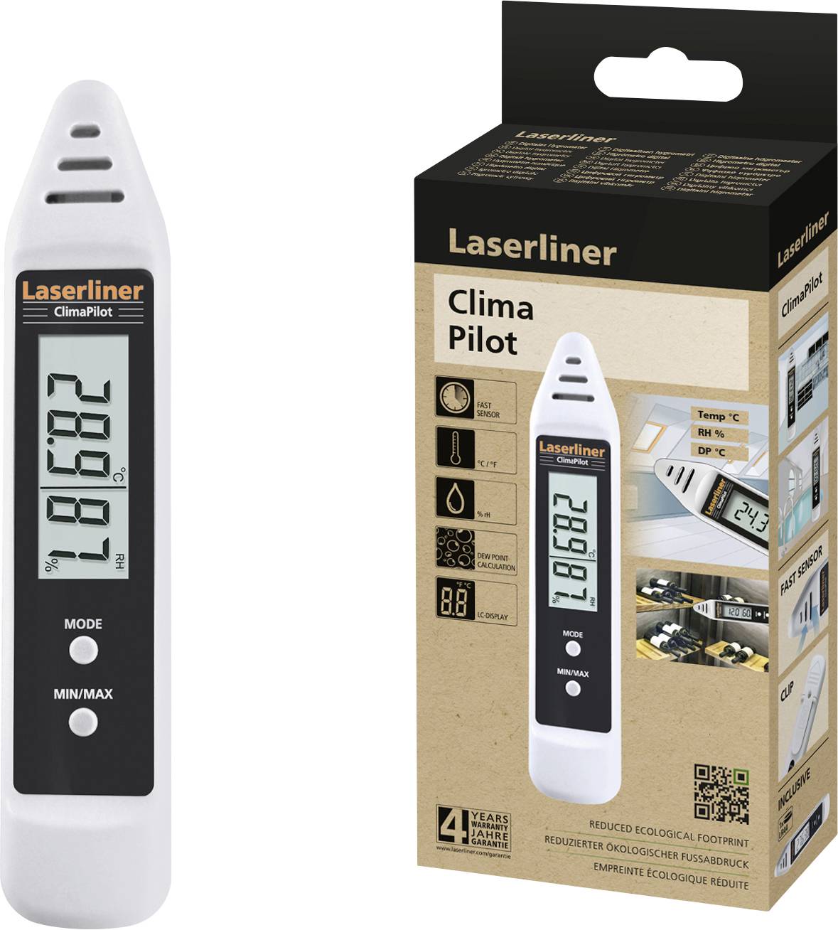 'Laserliner ClimaPilot' Thermometer with digital display and two buttons for operation. Packaging shows product application and features.