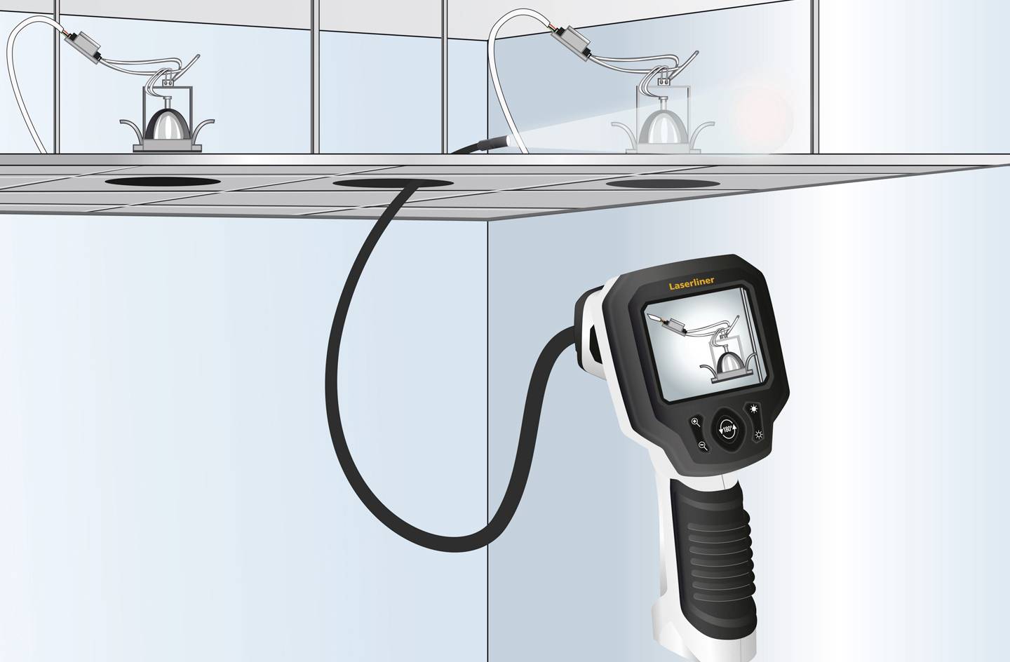 An endoscope with a screen is used to look behind a cooker. The screen displays the rear of the cooker.