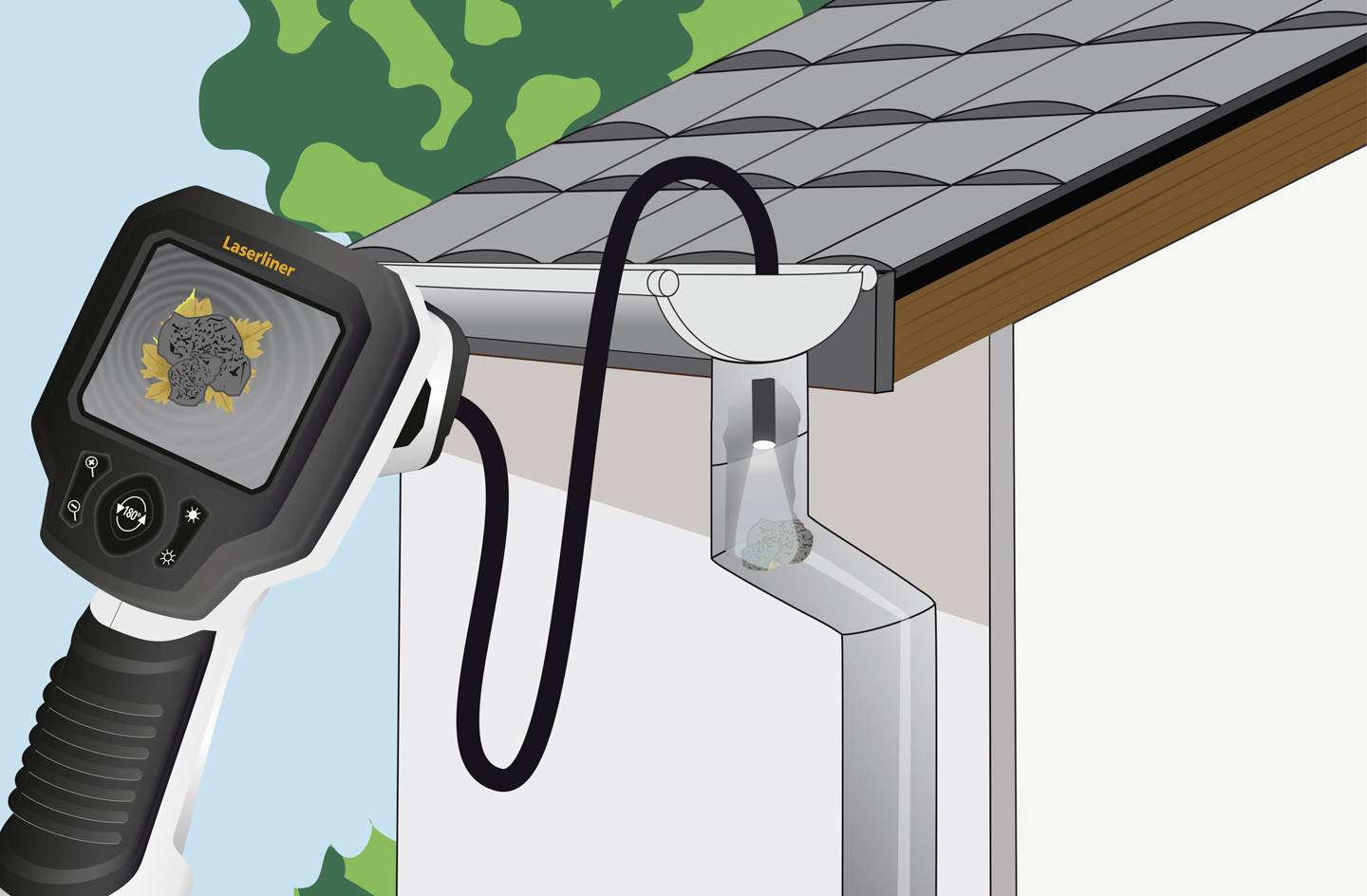 A handheld device measures moisture via an electrical connection on a gutter. Trees in the background.