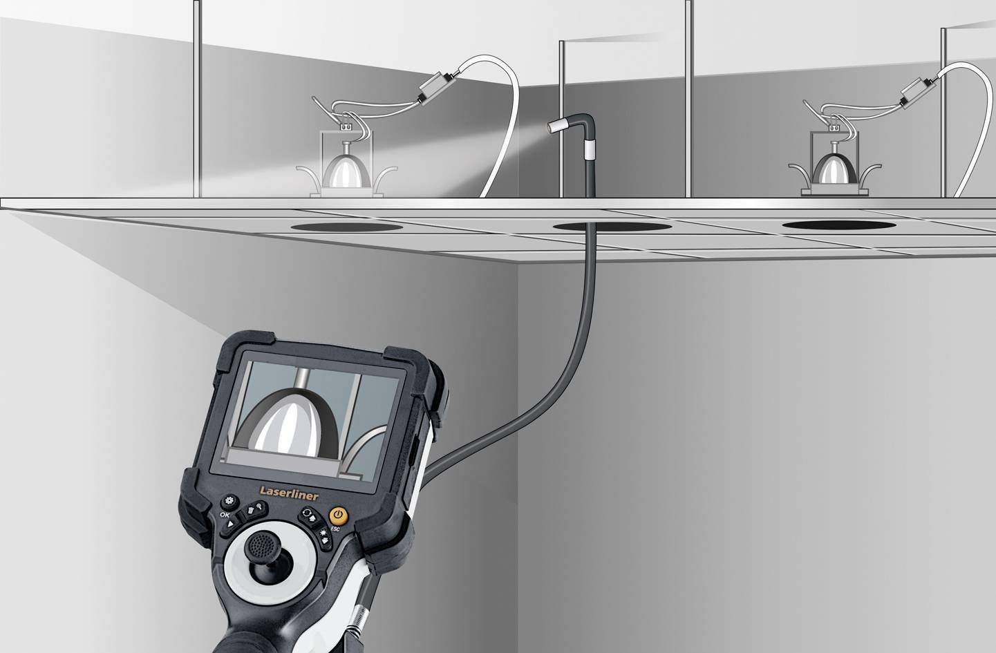 An endoscope is inspecting a complex ceiling structure, with details of the ceiling's interior visible on the screen.