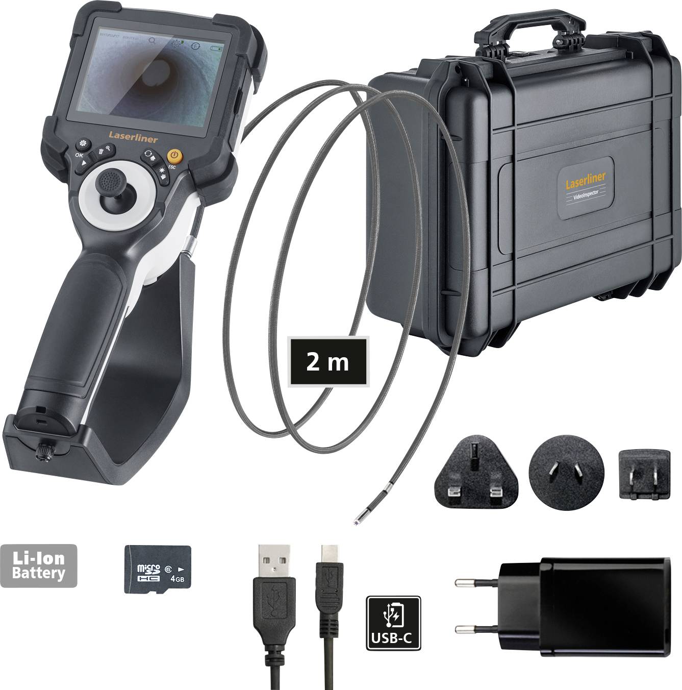 Inspection Camera Set with Monitor, 2 m Long Cable, Carry Case, Li-Ion Battery, Memory Card, USB-C Cable and Various Adapters.