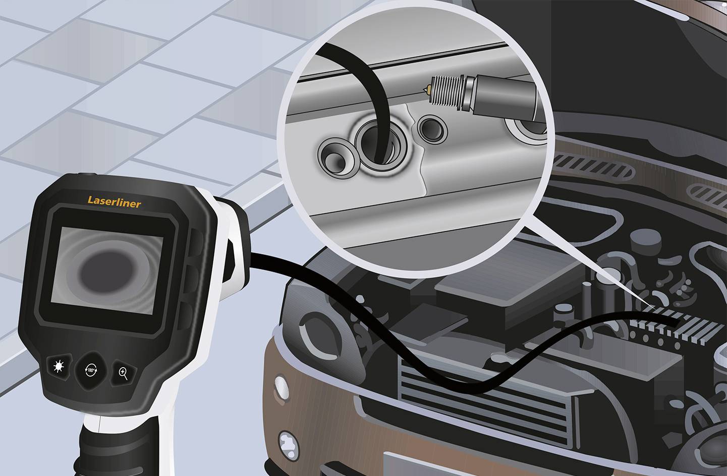 A grey engine test stand is being examined with an endoscope. A section shows the inspection probe inside a cylinder.