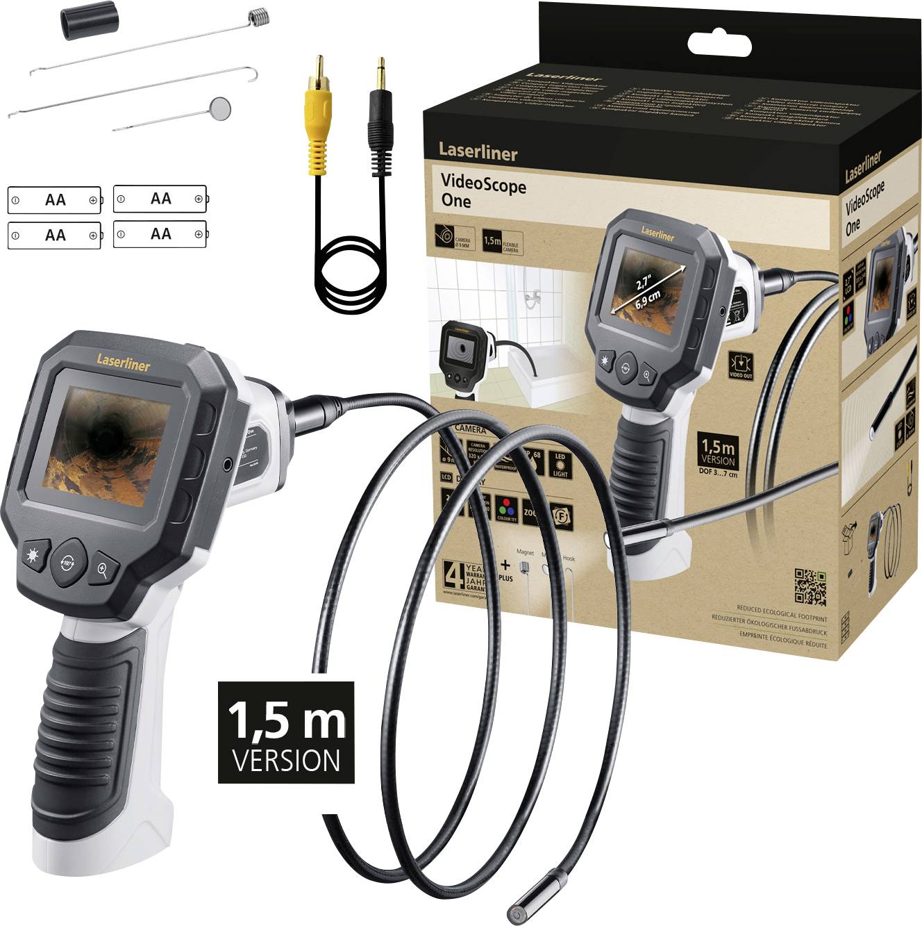 Handheld device with screen and flexible cable, suitable for video inspection. Packaging, batteries and accessories shown. 1.5 m version.