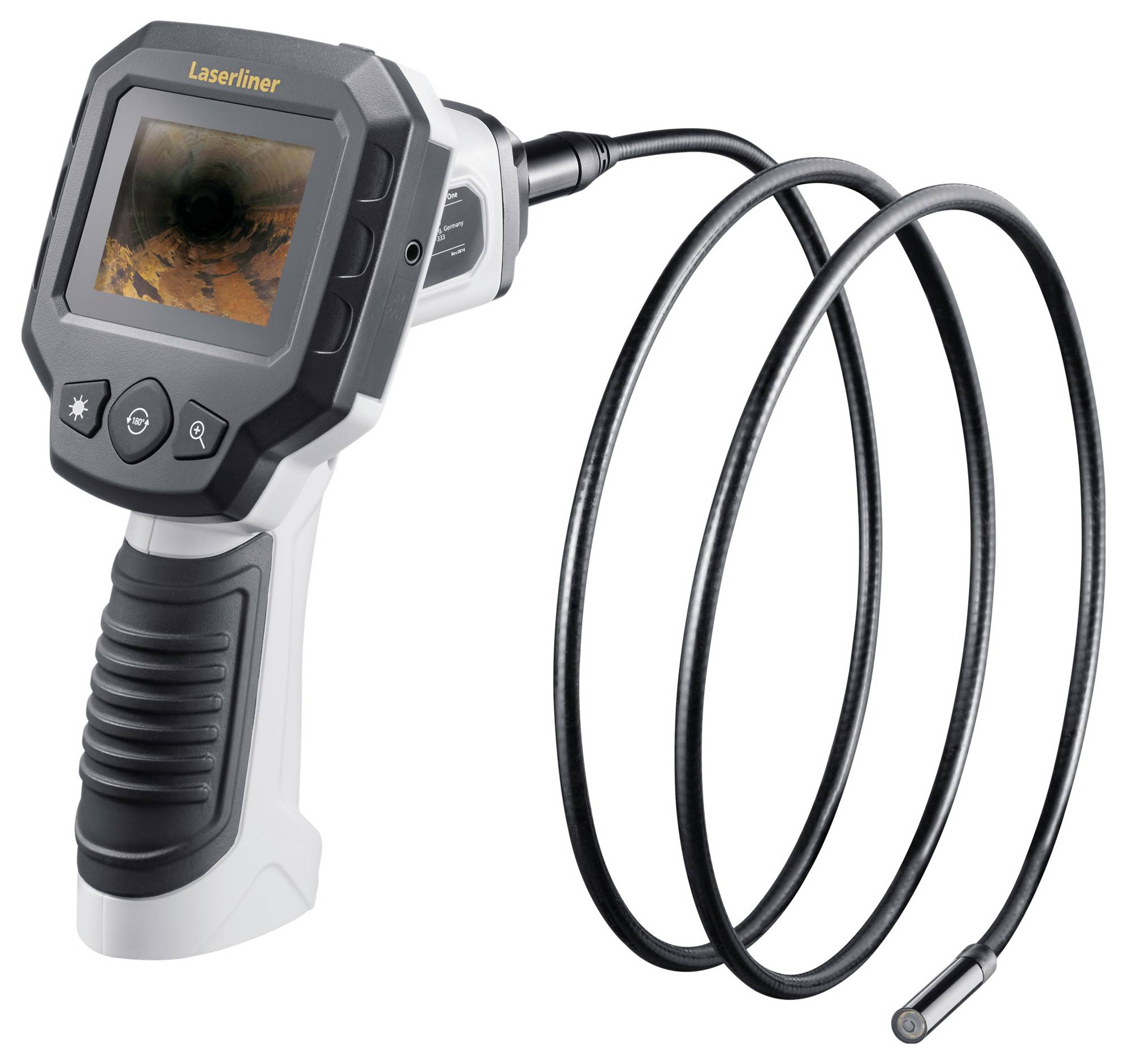 A portable endoscope with a screen displays an image of a pipe or passageway. It has a flexible tube with a camera.