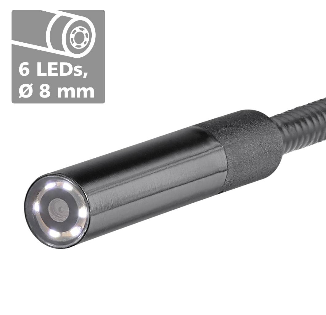 Endoscope camera with 6 LEDs and a diameter of 8 mm. Suitable for examining hard-to-reach areas.