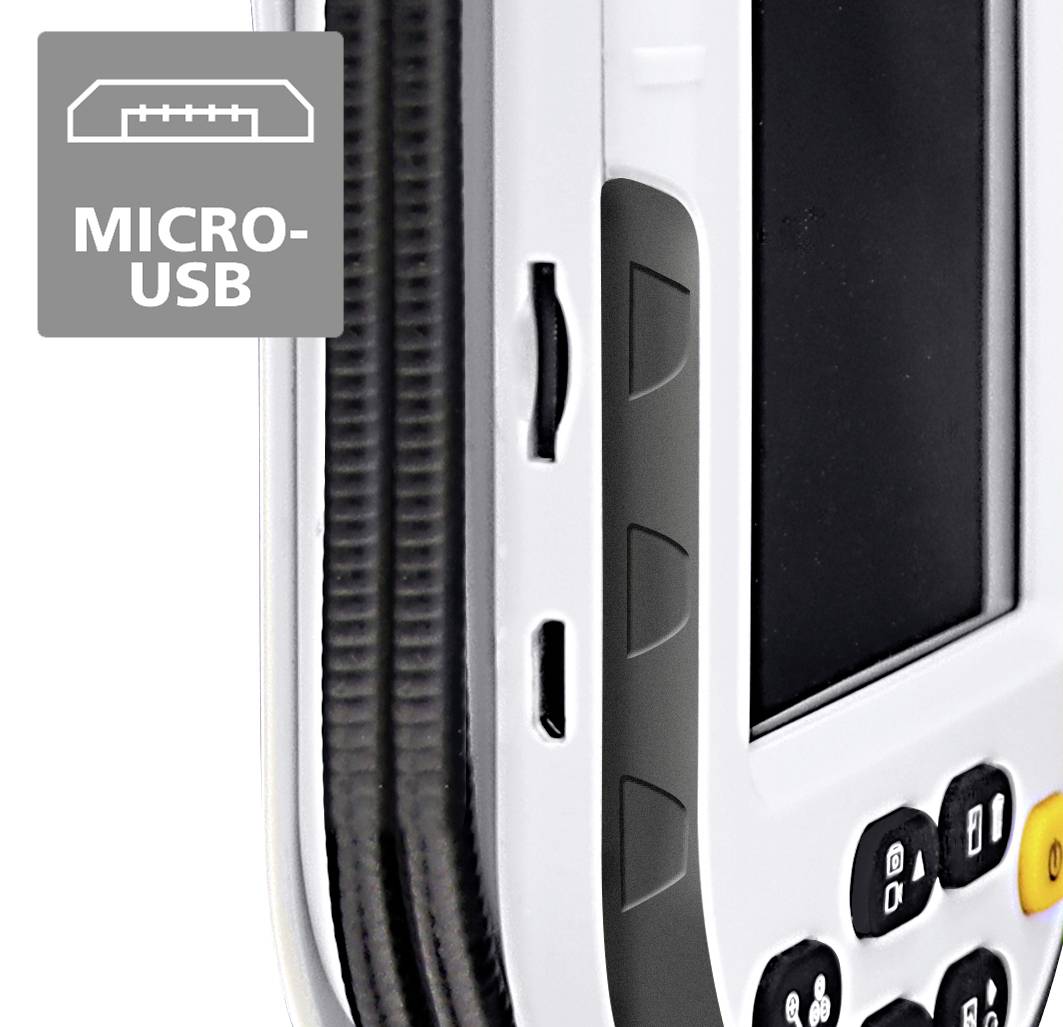 A white and black electronic device with buttons and a small screen. A 'Micro-USB' symbol is visible.