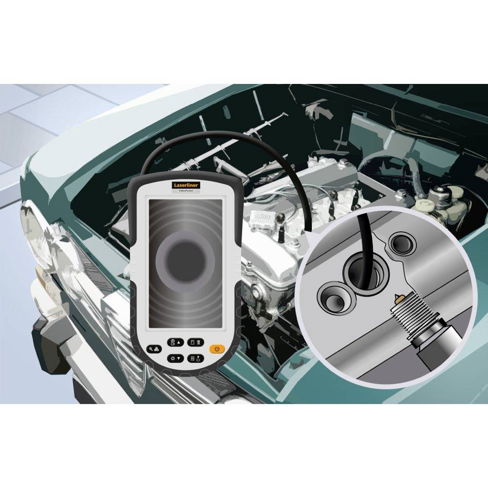 A diagnostic device checks the spark plug condition in the engine bay of a green car, with a close-up of the spark plug connection.