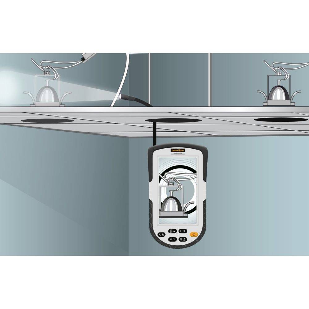 An endoscope is examining the pipework of a washbasin. The image shows the view on the device's display with magnified detail.