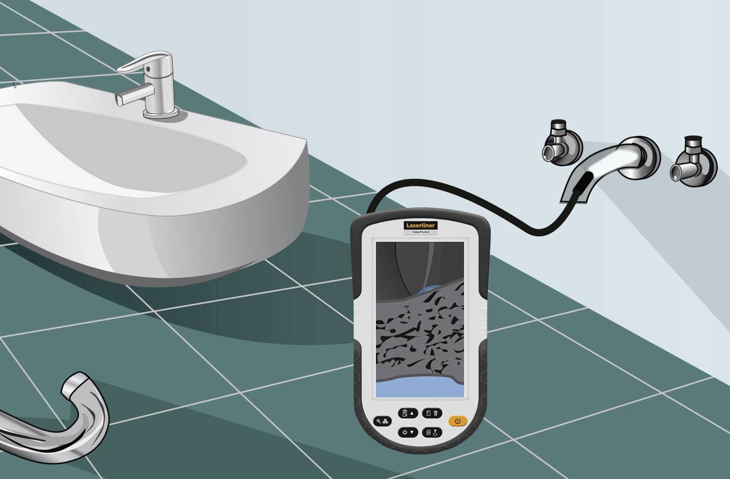 A bathroom with a washbasin, and on the floor a leak detection device with a screen that indicates leaks in pipes.