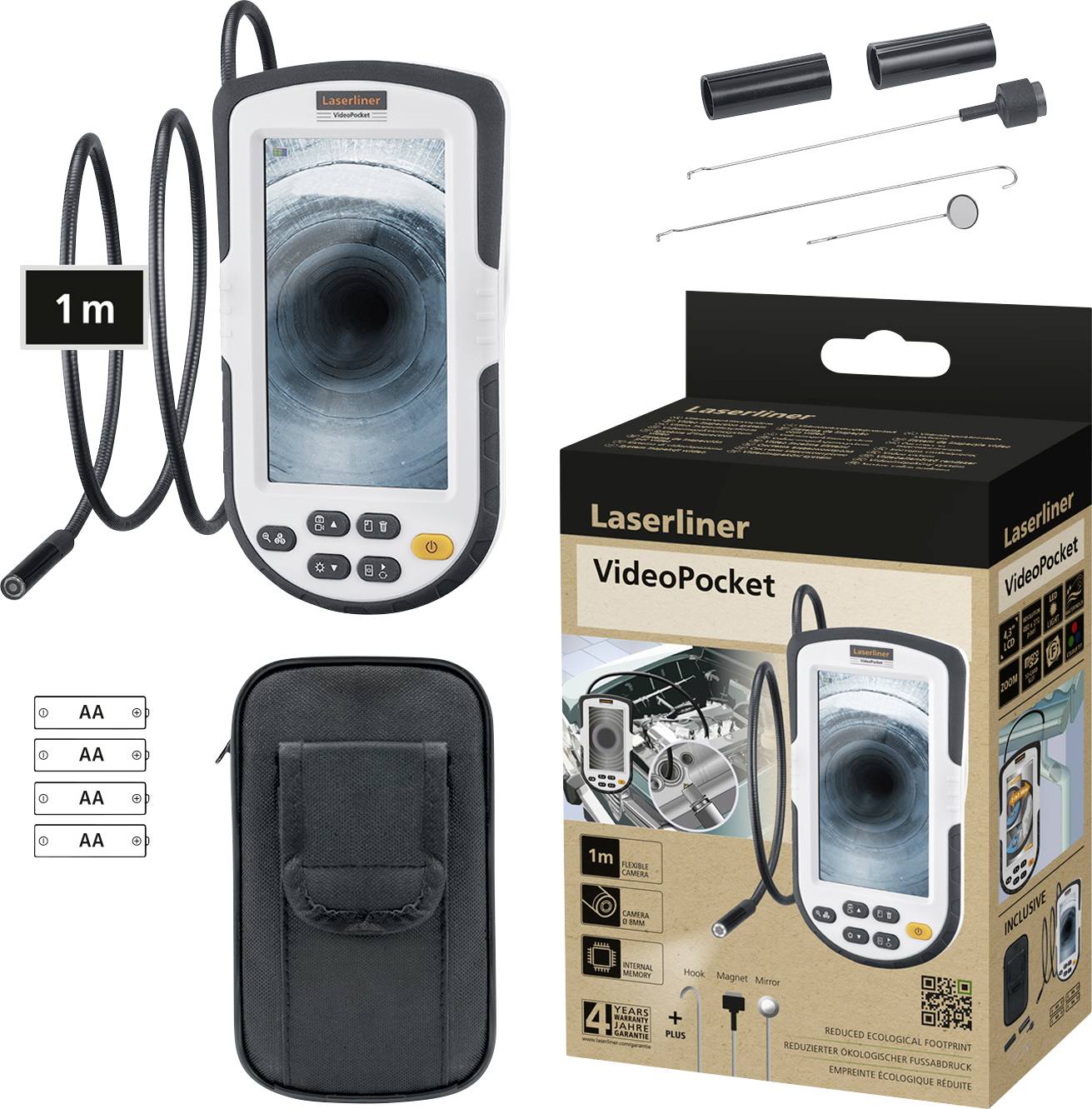 Laserliner Videopocket Set with 1m cable, colour unit, three AA batteries, carry case, accessories and packaging.