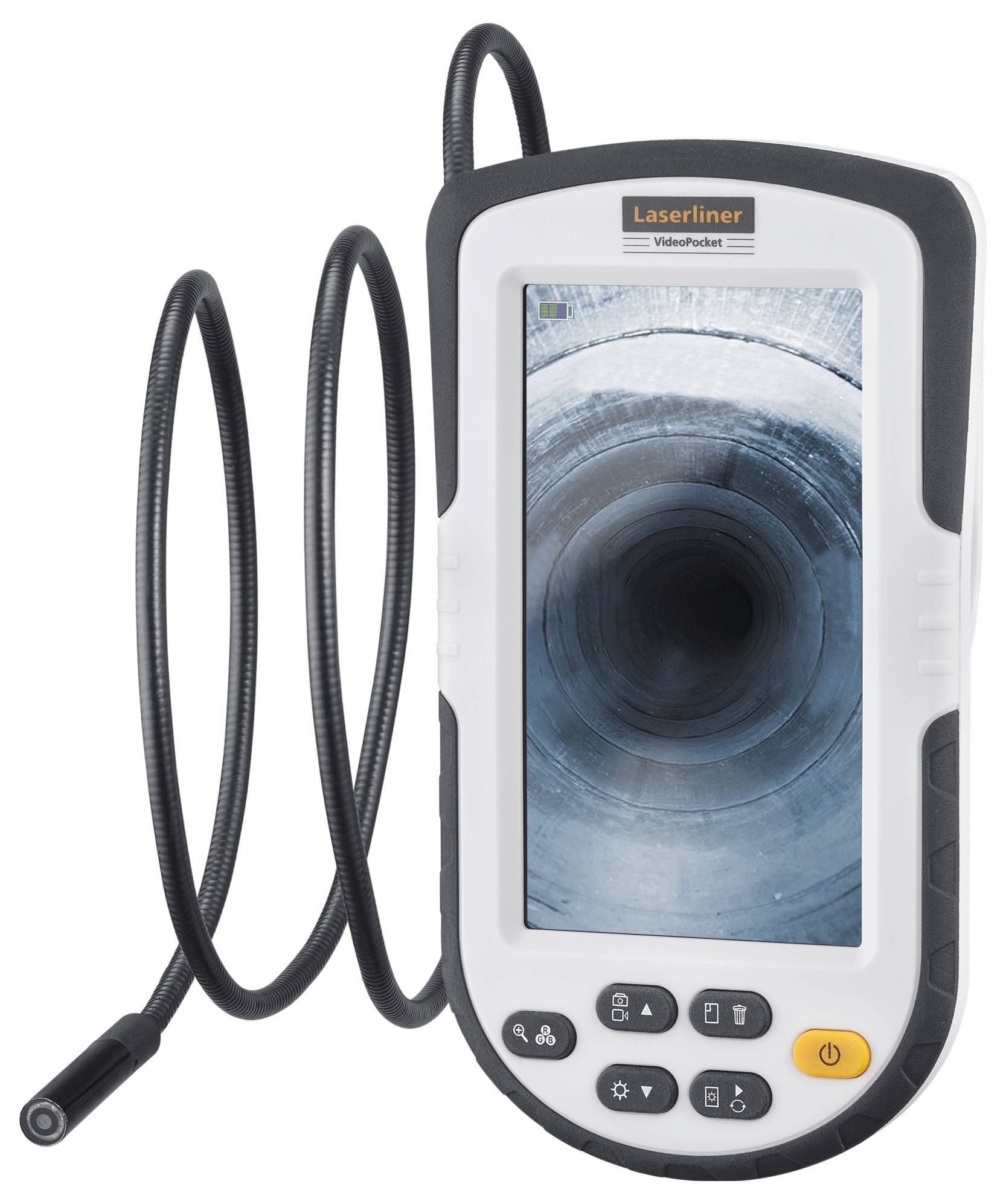 A portable endoscope device with a flexible cable and camera for inspection purposes, displays an image of a pipe on the screen.