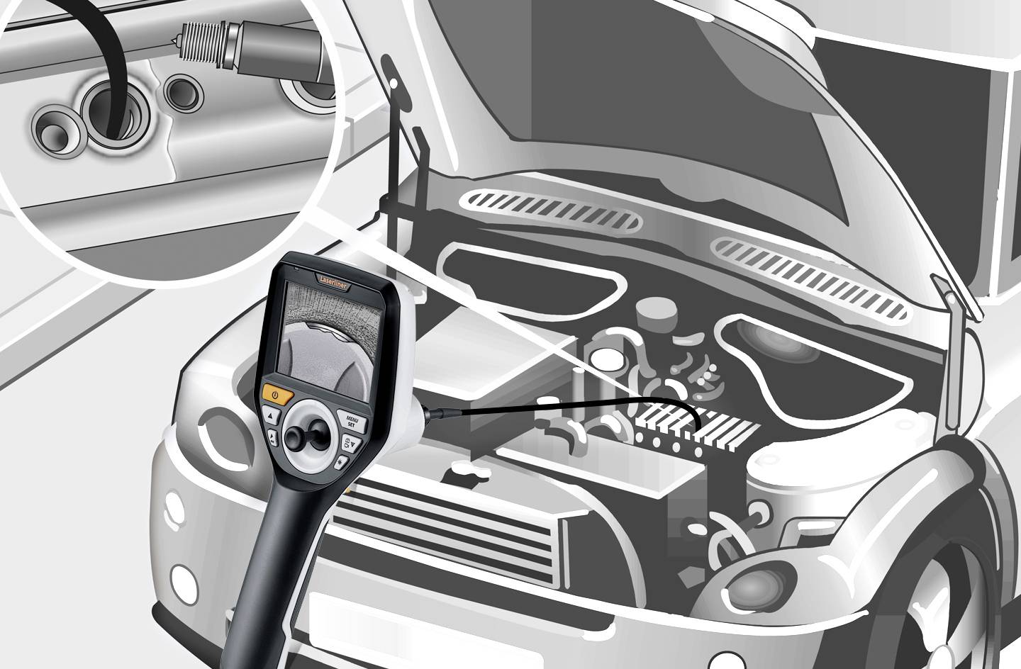 Bonnet of a car open, diagnostic device checking spark plugs through a magnified viewing window. Process of engine inspection.