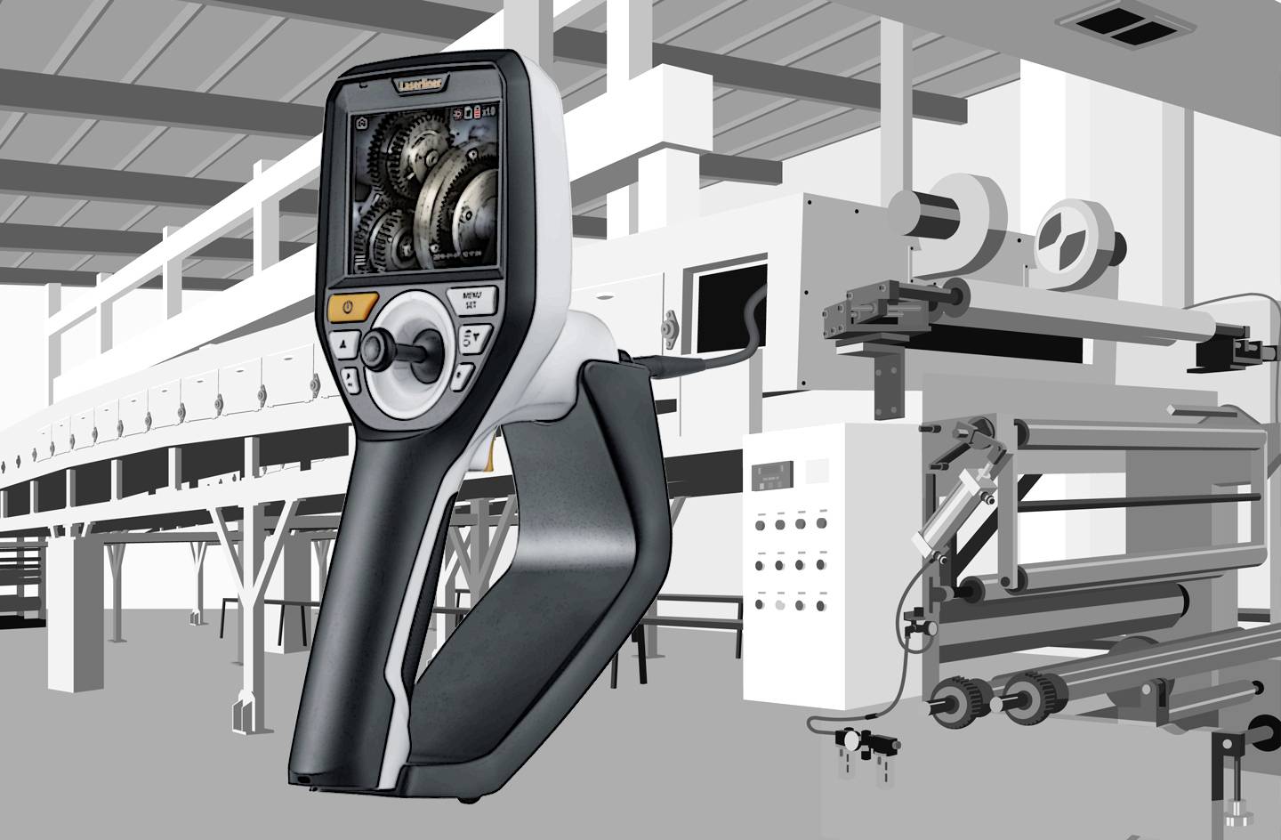 A portable inspection device is shown in front of a large industrial printing press. The device displays gears on the screen.
