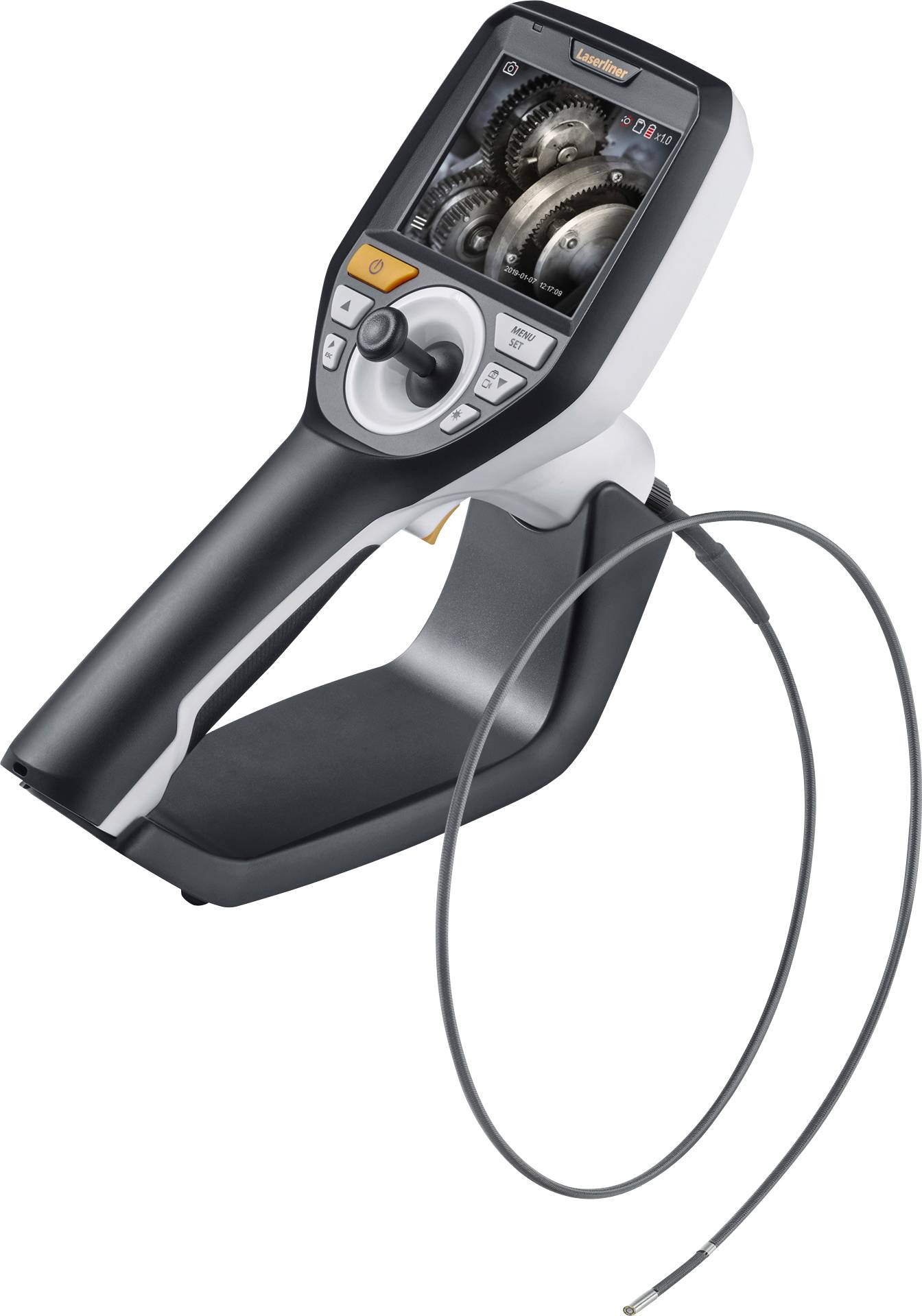 A digital endoscope with a flexible cable and monitor displays the interior of machines or pipes. It assists with inspections.