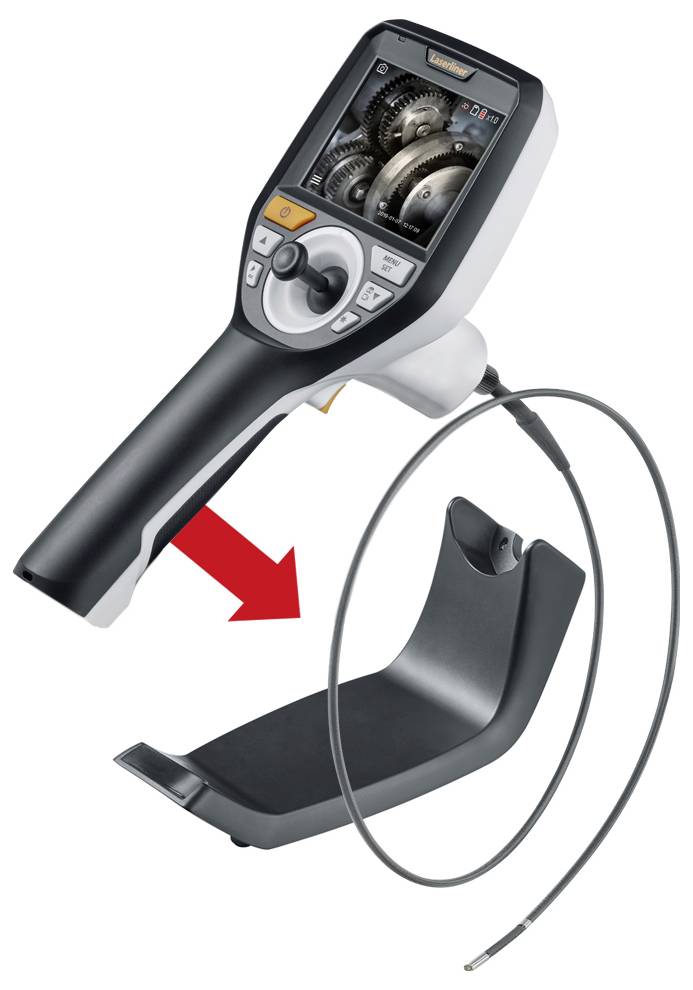 A portable endoscope with a screen shows gears. A flexible cable with a camera is connected. A red arrow points to the mounting bracket.