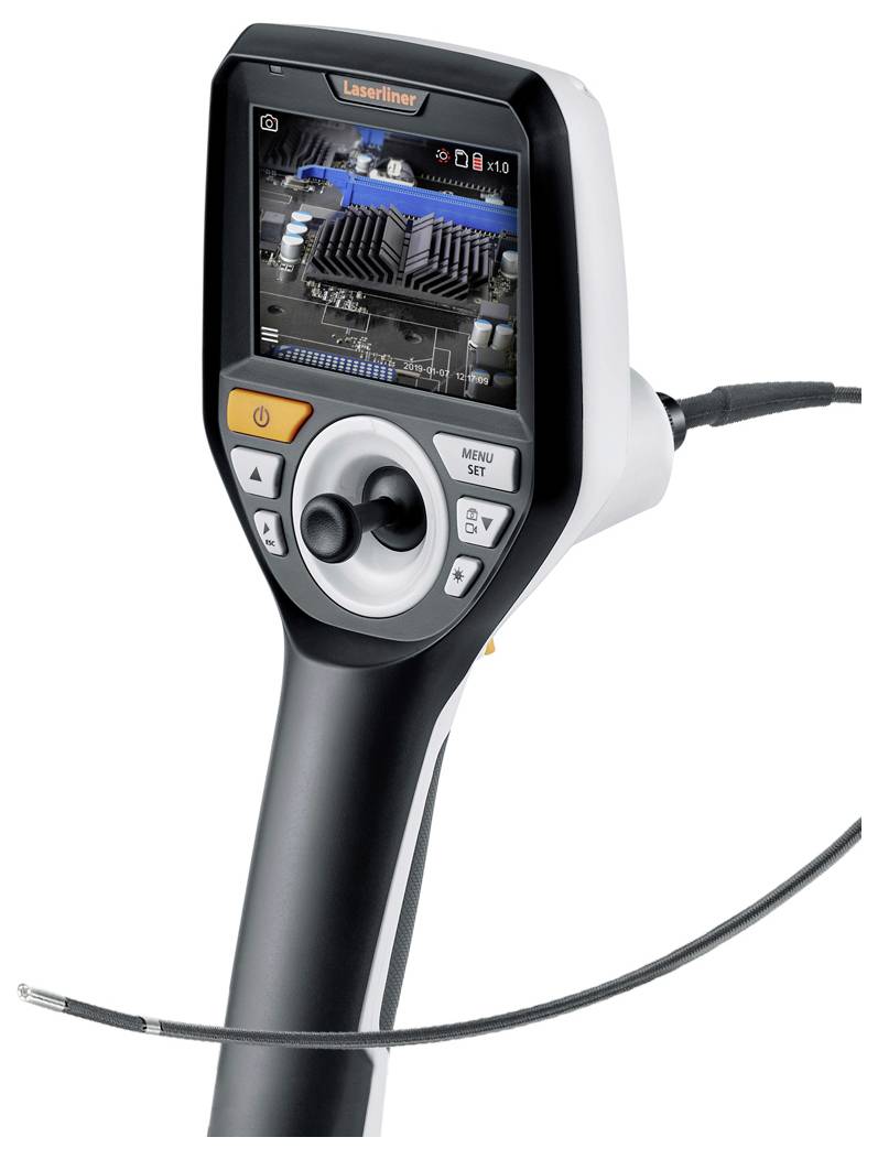 Industrial endoscope camera with LCD screen showing technical details of a machine. Flexible cable tube for inspection.
