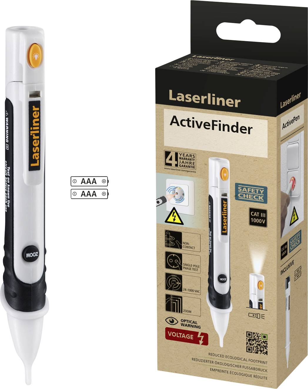'Laserliner ActiveFinder': non-contact voltage detector, identifies voltages up to 1000V. Packaging displays product and technical specifications. Batteries included.