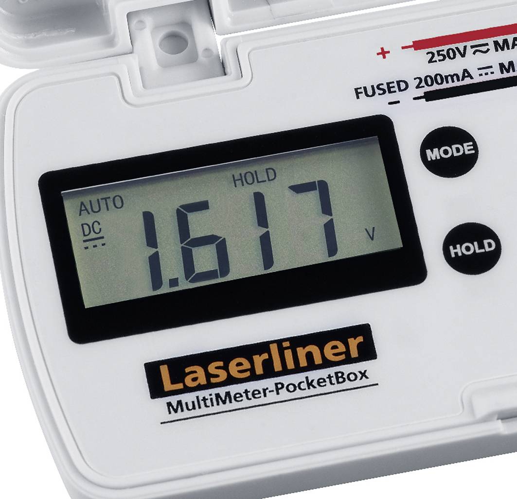The image shows a digital multimeter in close-up. The screen displays the value '1.617 V'. Technical details are shown at the top.