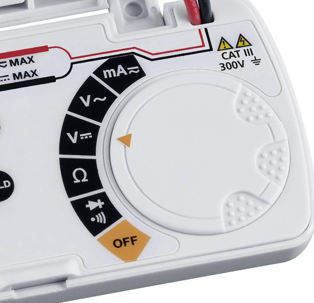 Multimeter dial with various measurement functions such as voltage (V), current (A) and resistance (Ω). Marked for max. current and 300V.