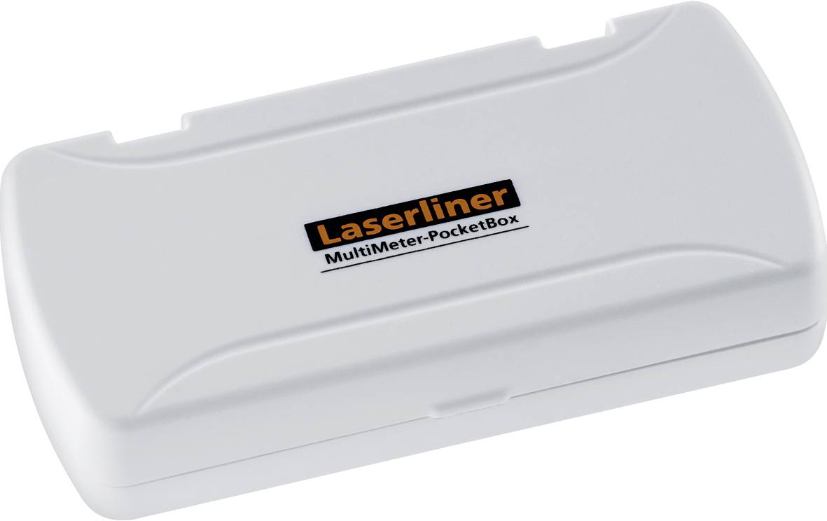A closed white plastic box with the print 'Laserliner MultiMeter-PocketBox' on the lid.