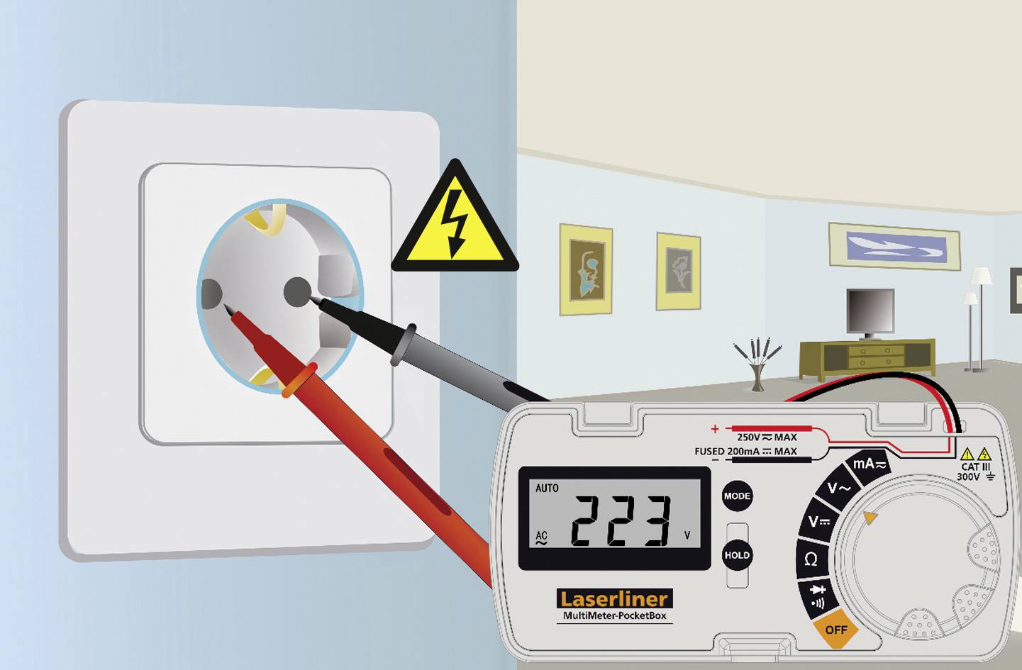 Multimeter measuring voltage at a socket, displaying 223V. Electrical hazard warning symbol visible. Television and pictures in the background.
