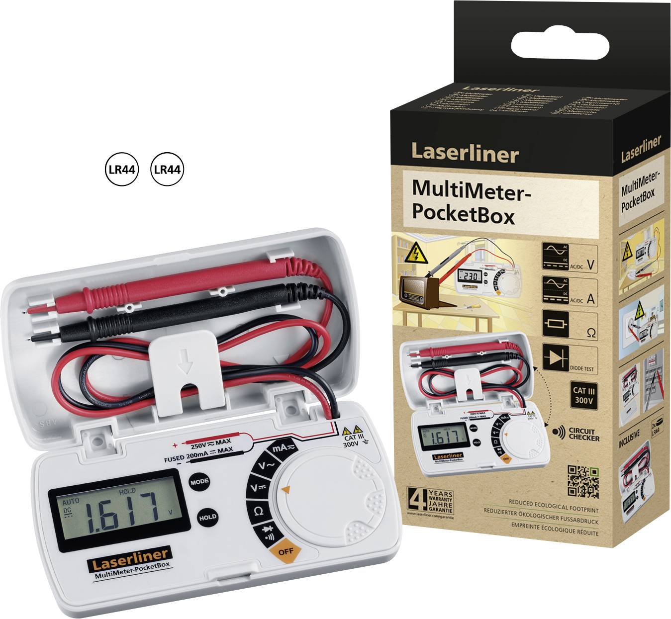'Laserliner MultiMeter PocketBox' in opened protective case with digital display and measuring cables. Packaging shows technical specifications.