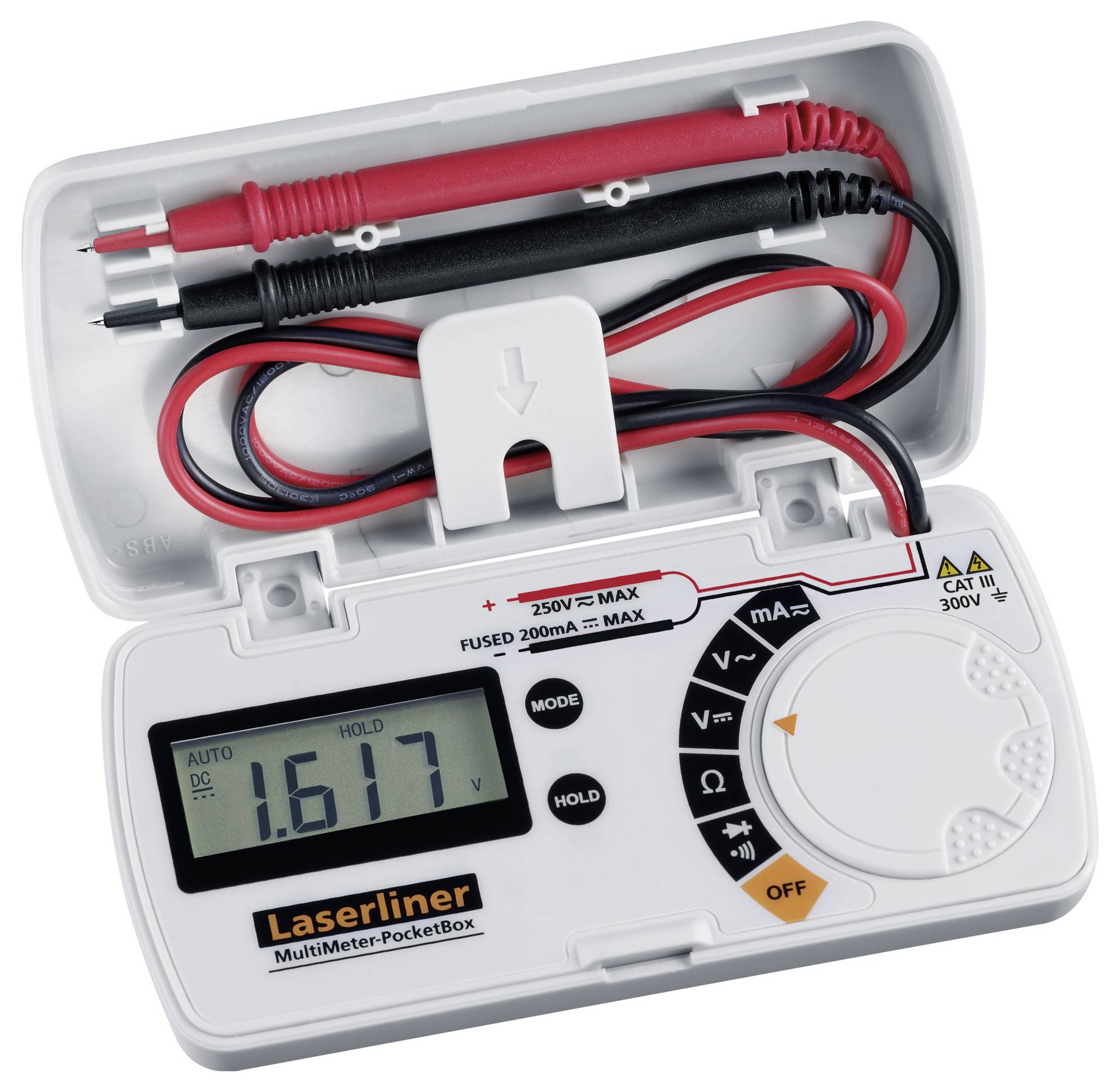 A digital multimeter with a display shows '1.617 V'. It is open and contains two measuring leads in black and red.