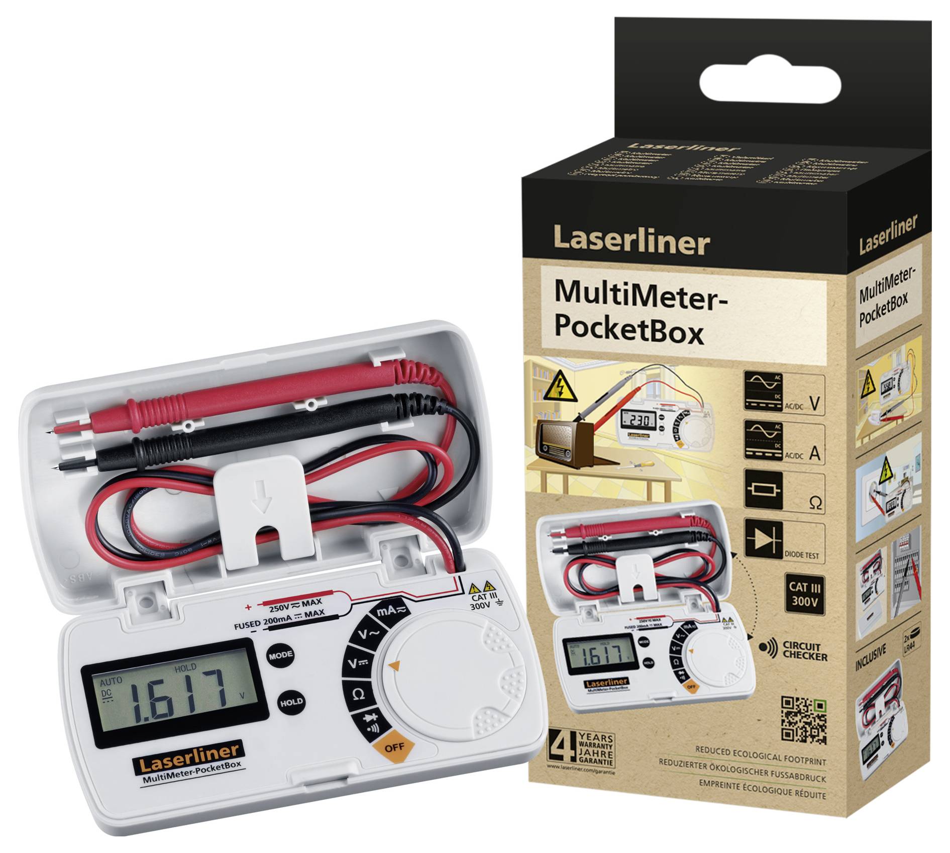 Multimeter for voltage, current, and resistance measurement with accessories. Packaging shows application areas and safety information.