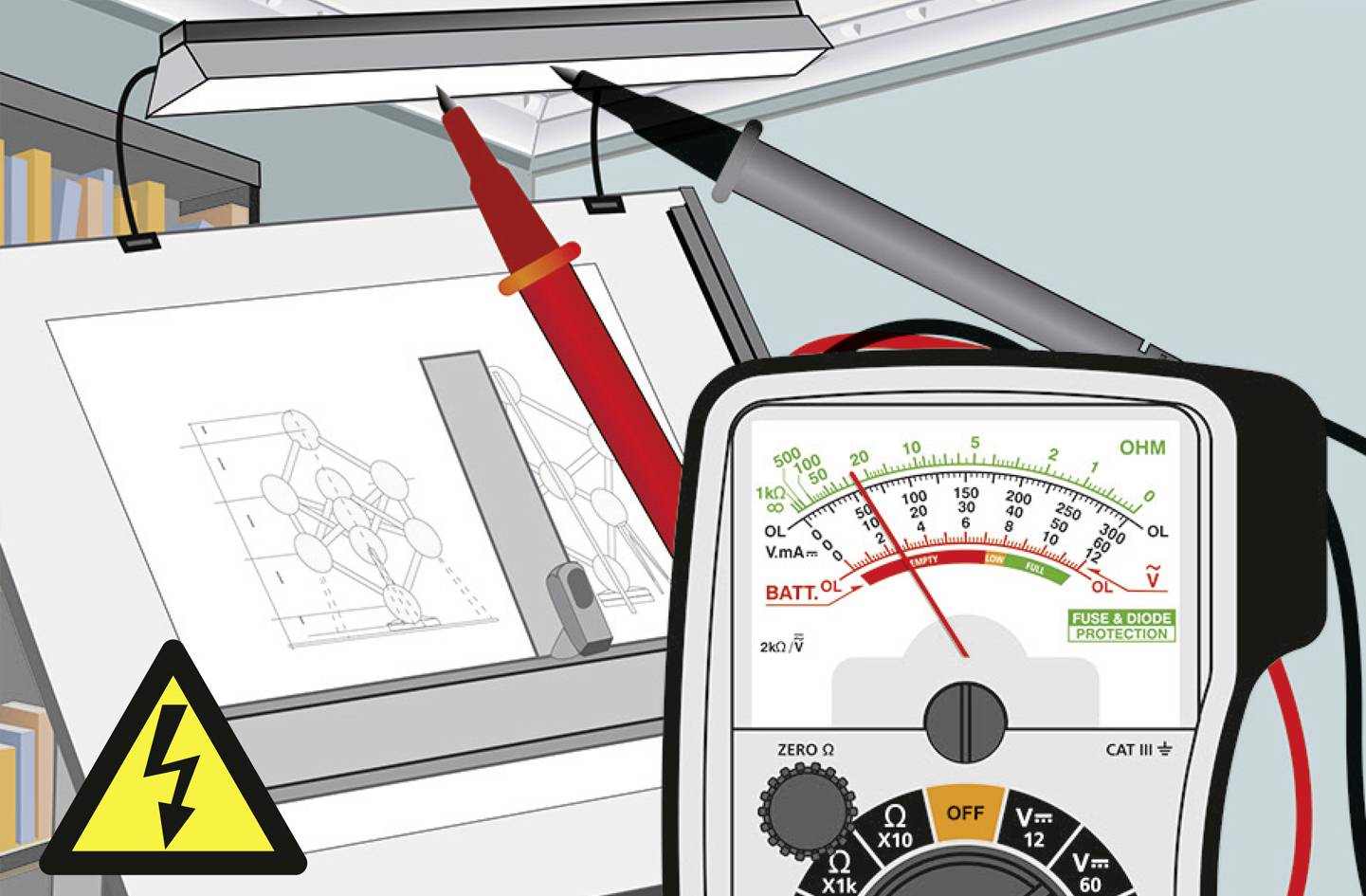 A multimeter measures electrical current in technical drawings. High voltage warning visible.