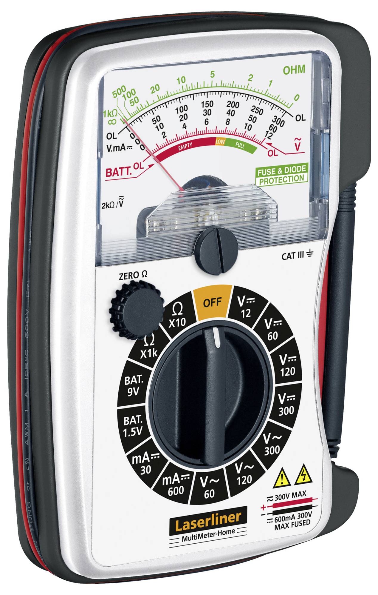 Analogue multimeter, displaying electrical measurement values. Switch for various measurement functions. Scales for voltage, resistance, and current.