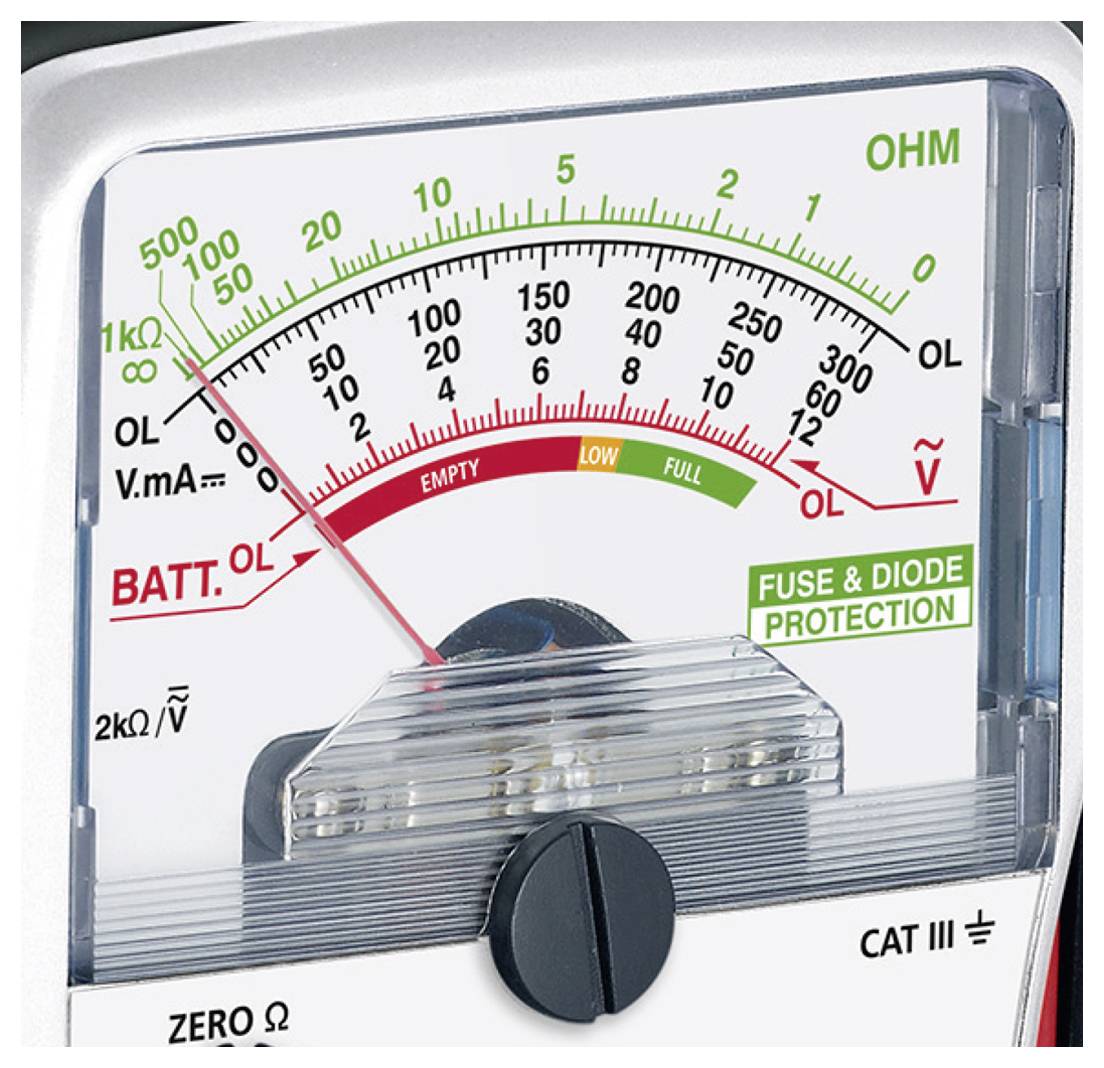 Analogue multimeter display shows ohmic measurement values, with markings for battery discharge, fuse and diode protection.