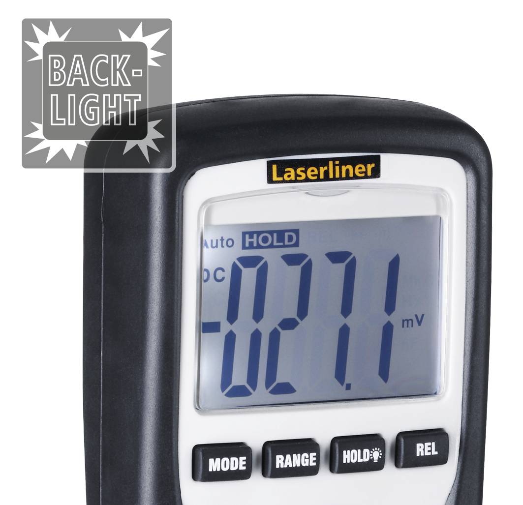 'Laserliner' measuring device displays '-027.1 mV' on digital display, with 'MODE' and 'HOLD' buttons underneath, illuminated.