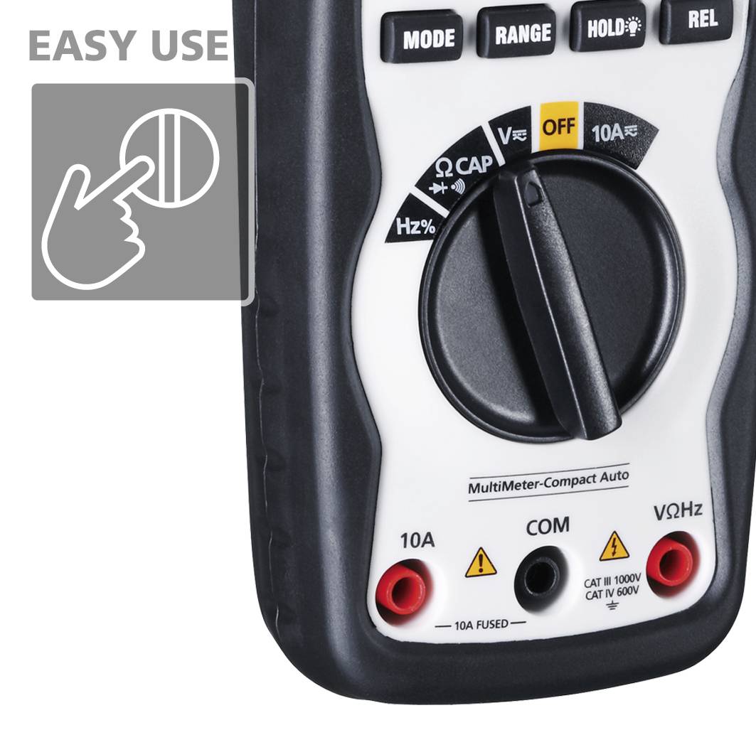 Hand-held multimeter with various setting options, including voltage, resistance, frequency, and temperature. Text 'EASY USE' indicates user-friendliness.