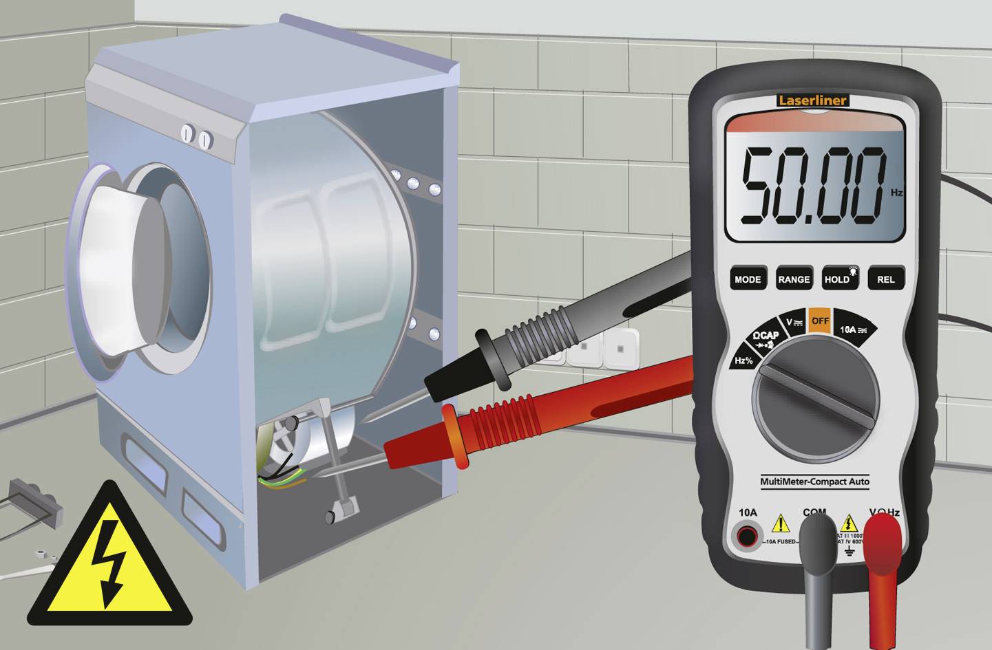 A tumble dryer with a removed side panel reveals internal wires. A multimeter measures the voltage at 50.0. Warning symbol for electrical hazard.