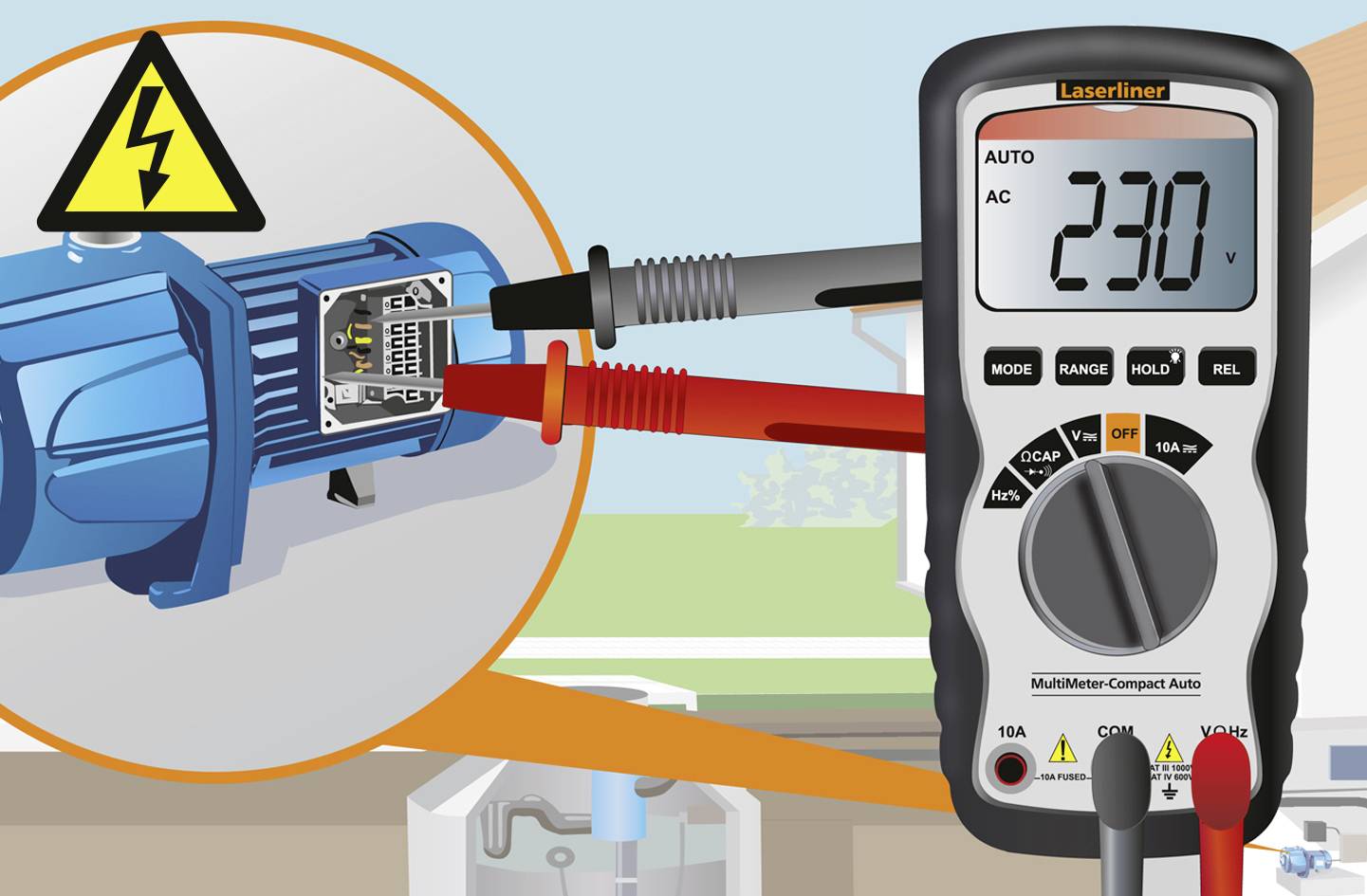 A multimeter is measuring a voltage of 230 volts on an electrical device. Warning symbol for electric shock hazard nearby.
