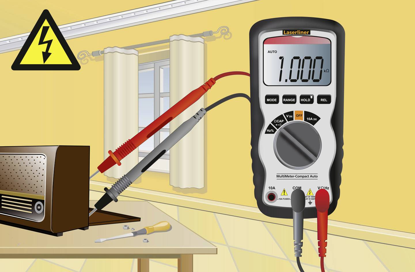 A multimeter is showing '7,000 V', with the measurement cables connected to a radio. An electrical voltage warning sign is visible.