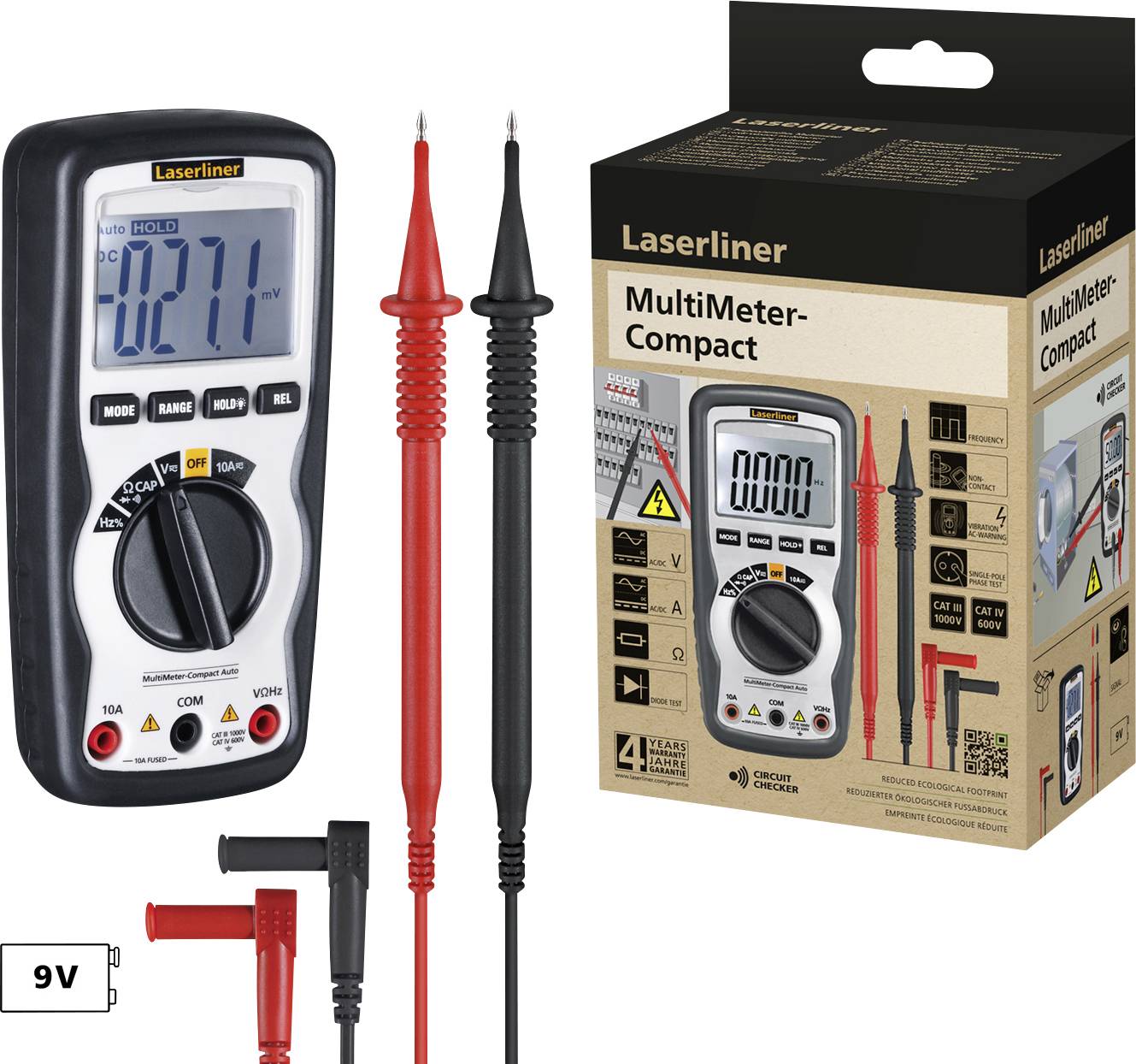 Image of a digital multimeter with test leads and packaging. Display shows '0.021 V'. Includes a 9V battery.