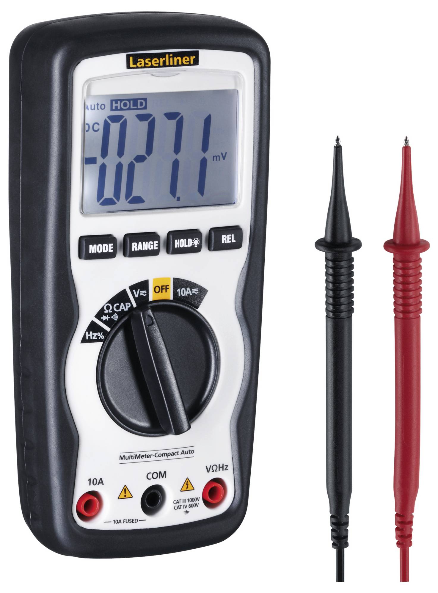 A digital multimeter with black and red test probes, displaying '-027.1 mV' on the screen.