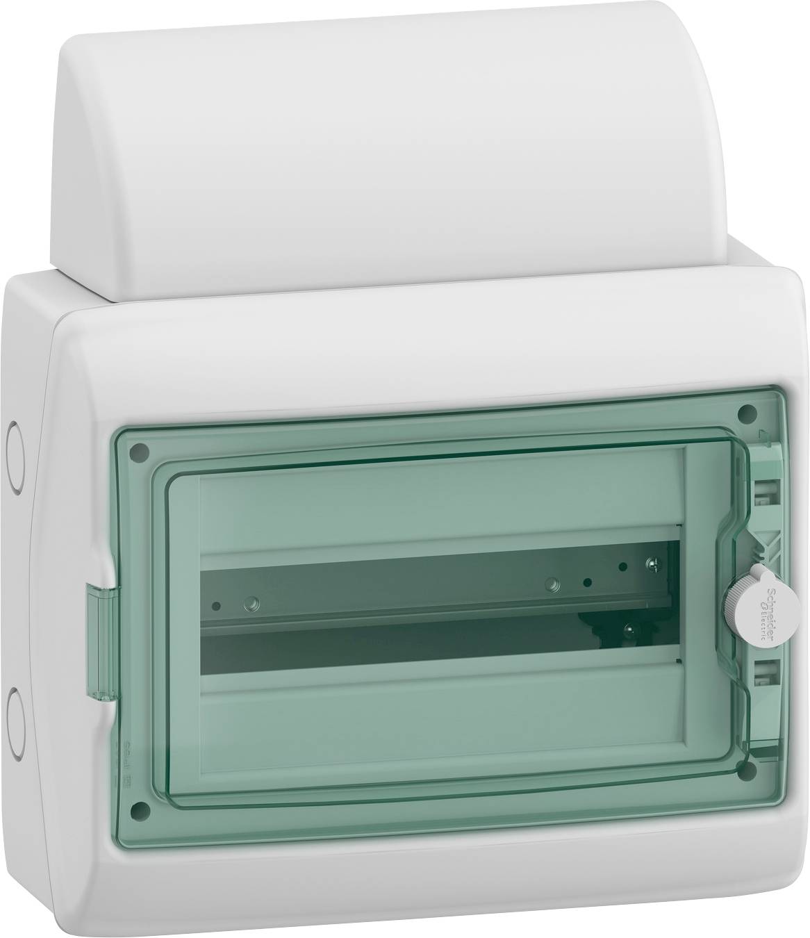 A white, rectangular enclosure with a transparent green lid. Used for housing electrical components.