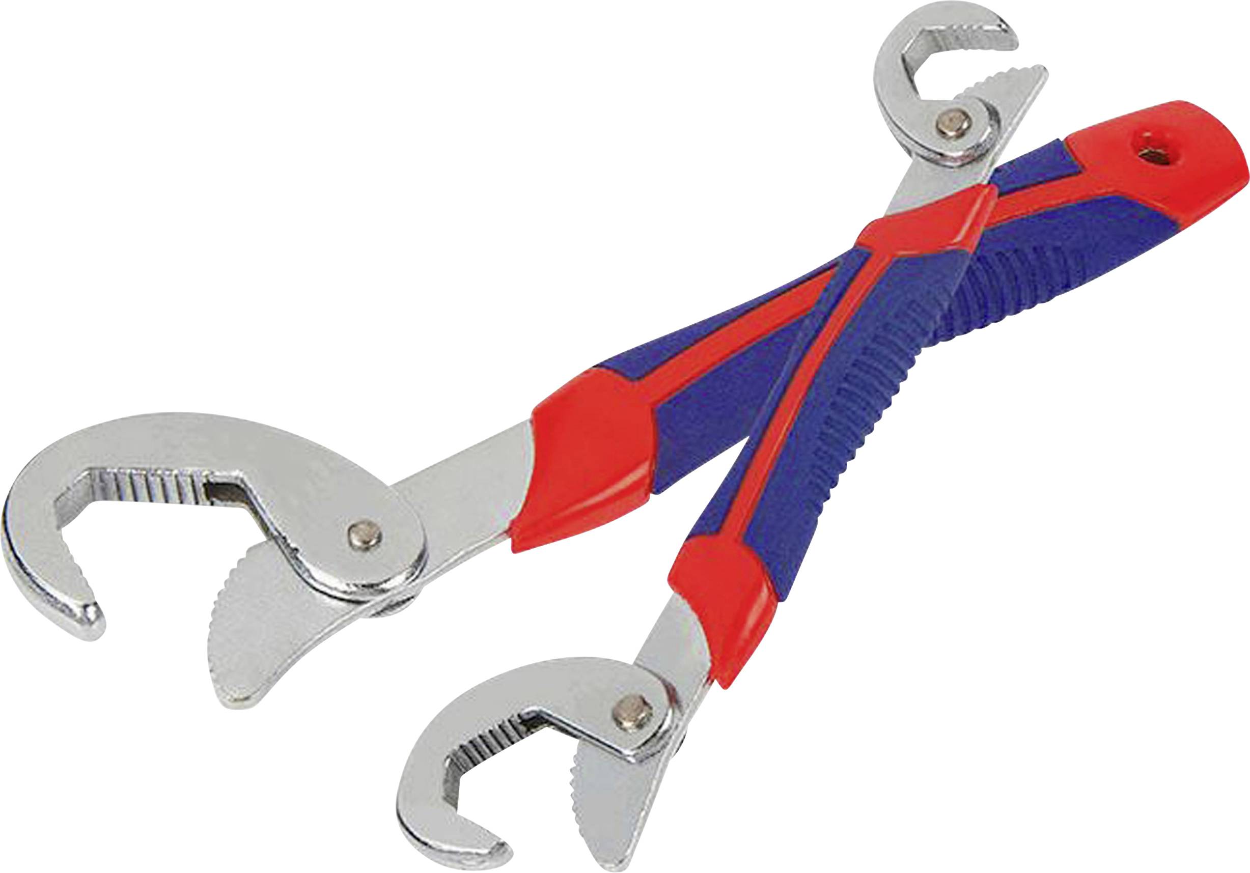 Two adjustable wrenches overlap, featuring red and blue rubber grips, designed for gripping various sizes of nuts and bolts.
