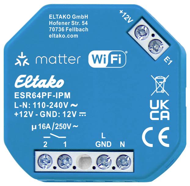 A blue Eltako WiFi switch with Matter compatibility. It shows connections, technical specifications, and UKCA marking.