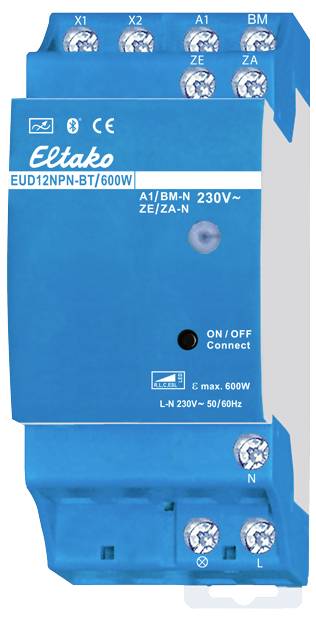Blue Eltako EUD12NPN-BT/600W device with multiple connection terminals. Used for electrical controls in building installations.