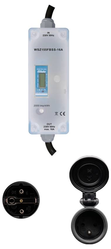 'WS2 electricity meter' in a transparent casing, displaying 230V, 16A, 50Hz. Two plug sockets shown: one facing front-on, one with its cover open.