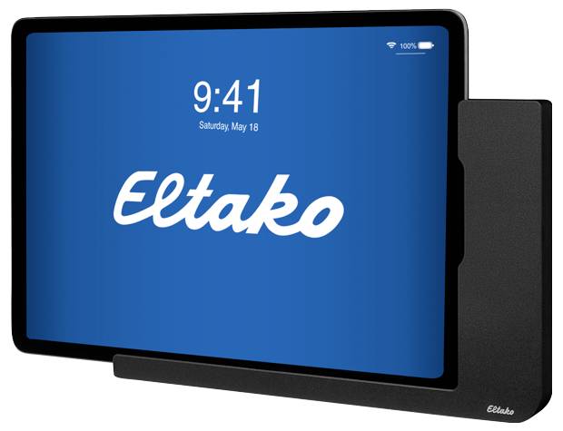 A tablet displays the time as 9:41 and the date 'Saturday, 18 May'. The screen shows the 'Eltako' logo.