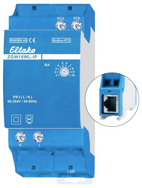 A blue Eltako ZGW16WL-IP switching cabinet module for RS485-WLAN communication, showing connections (RSA, RSB, LAN) and mode settings.